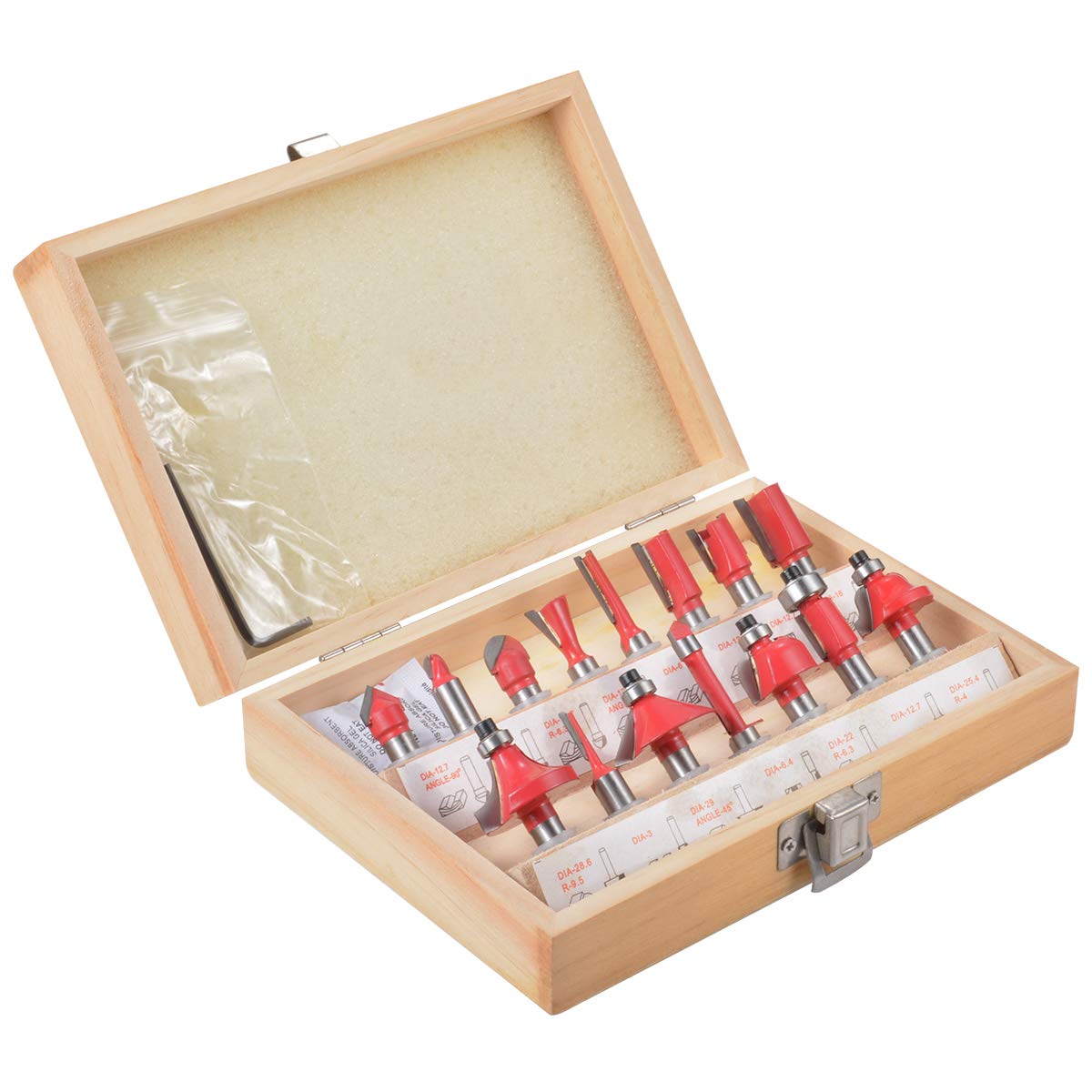 Set di Frese in Acciaio al Carbonio con Gambo da 8 mm, 15 Pezzi Set Professionale di Frese per la Lavorazione del Legno Fornito con Scatola in Legno per Lavori Manuali - Rosso