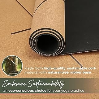 Y O Gayo Premium Yoga Cork Mat | 5mm Thick Natural Tree Rubber Base and Bigger Mat for Extra Support, Alignment lines for Guidance | Non-Slip, Sustainable, Your Ultimate Yoga Companion