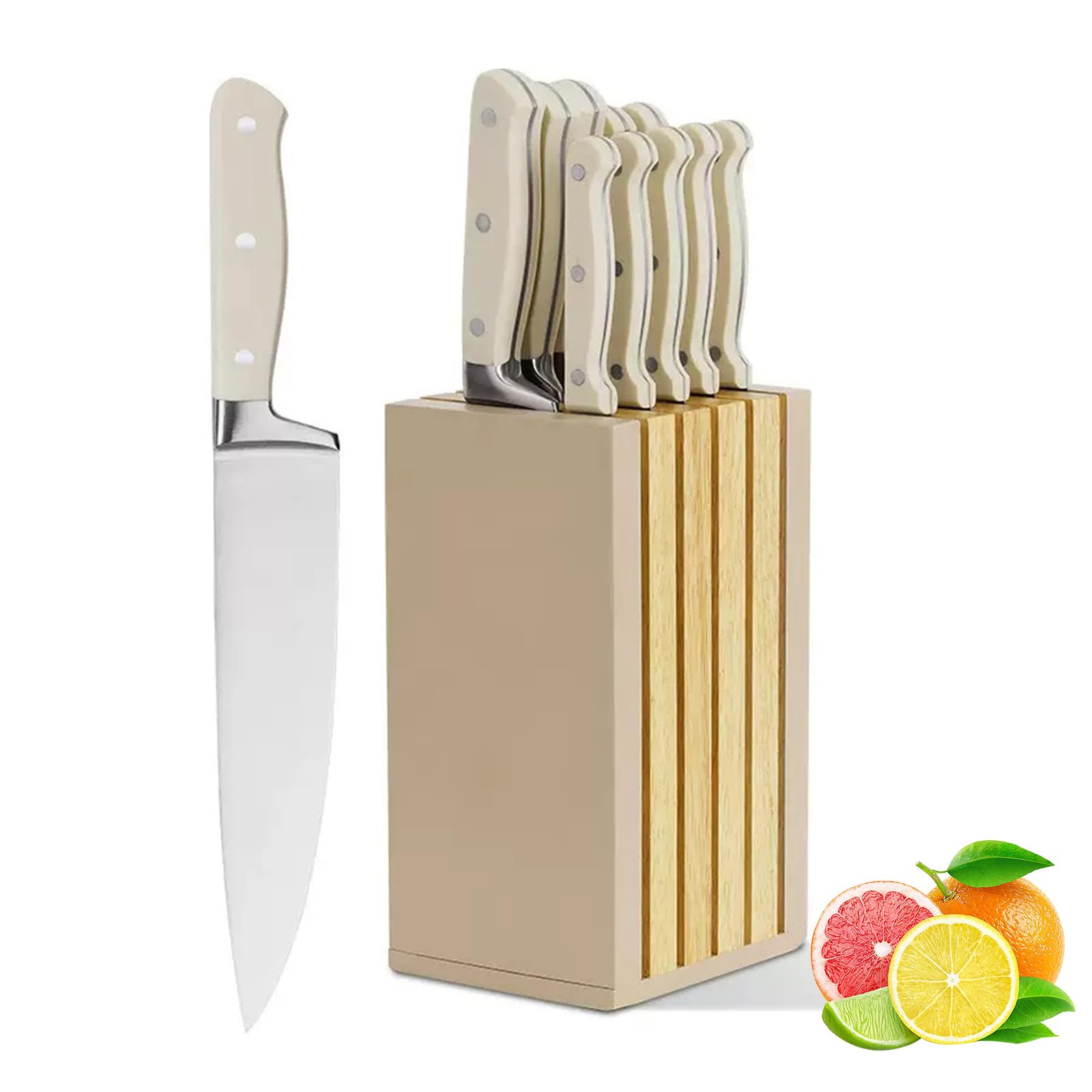 Kitchen Knife Set 11-Piece Beige Knife Set with Wooden Magnetic Block 5 Steak Knife Full-Tang Handle Dishwasher Safe