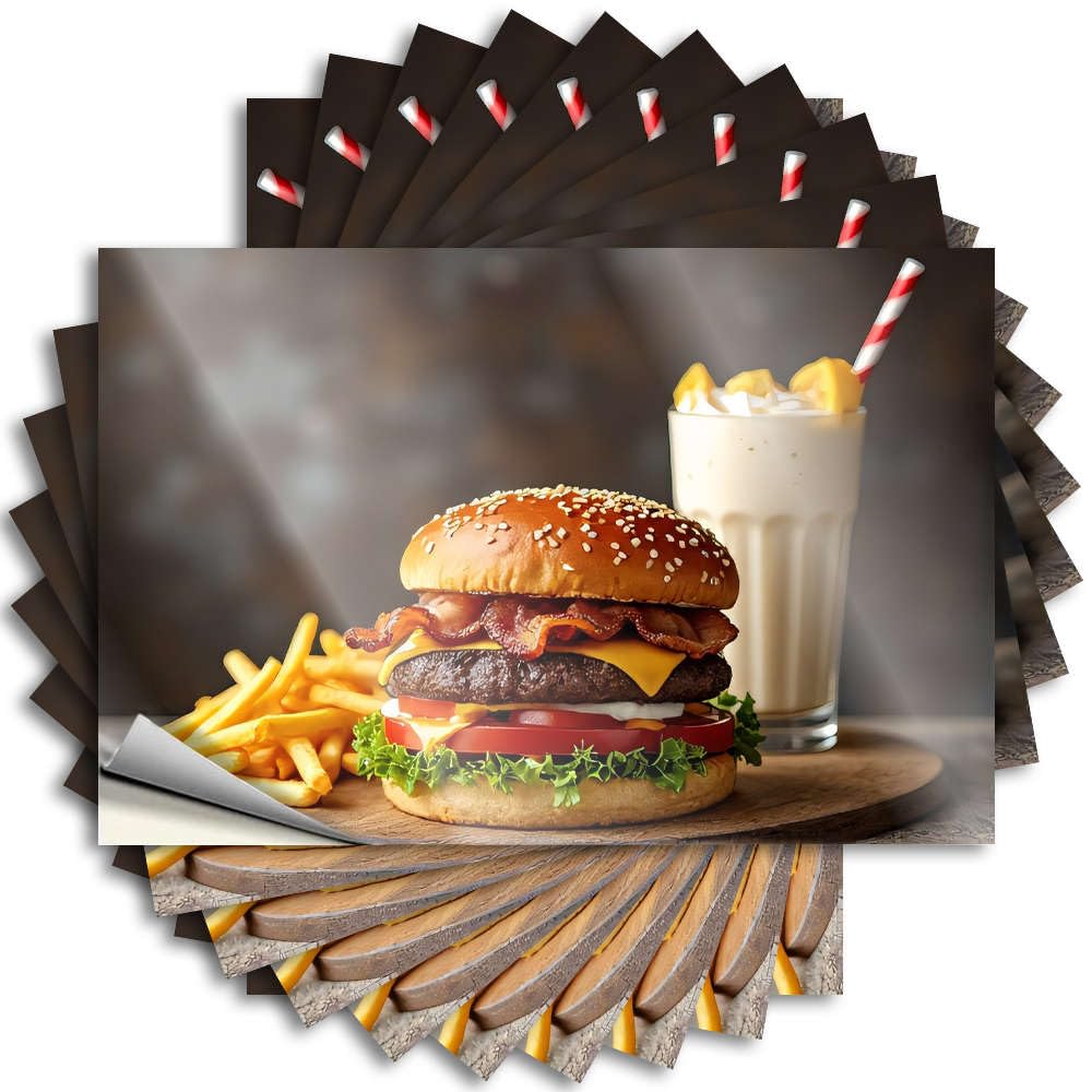 Bedroom Door Decor Bumper Decals - A Delicious Burger with Fries and A Milkshake. Mini Durable Sticker Easy Apply for Taupe Decor(6X9CM)