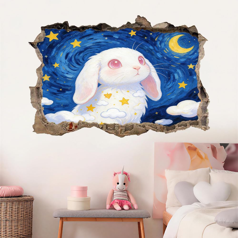 Pegatinas de decoración de pared 3D Lindos Conejos Pegatinas De Pared Calcomanías Murales De Pared Rotas 3D Luna, Estrellas, Nubes Vinilo De Pared Arte Hogar Decoración De Pared 112x75cm