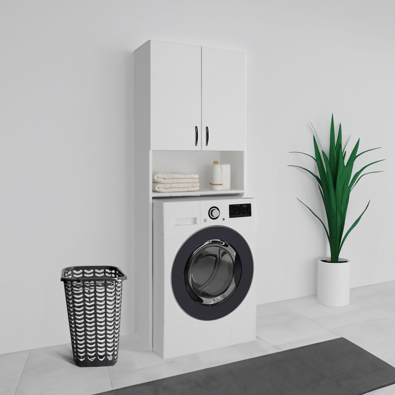 Armario Multiusos Atenas 182 de 65x32x182 cm Fabricado en MDF y Melamina | Mueble Alto para Lavadora | Estantería Organizador de Baño | Almacenamiento con Estantes | Blanco