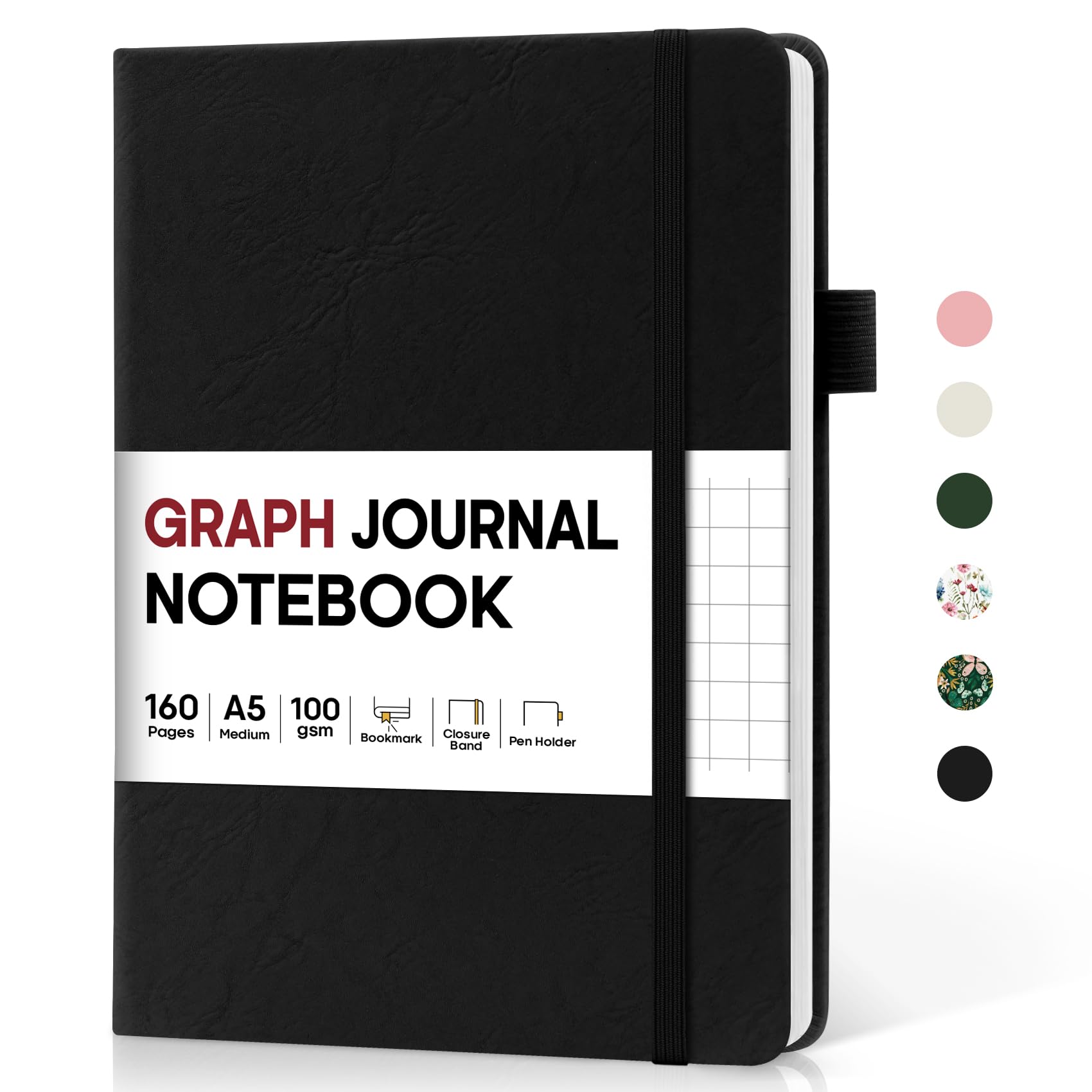 Taja Graph Journal Notebook for Women & Men, Hardcover Leather Journal for Writing, A5 Graph Paper Notebook for Planning & Tracking, Perfect for Office School Home Supplies, Black