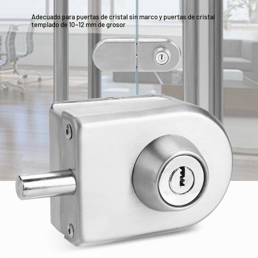Jadeshay Cerradura de Puerta,Cerradura de Seguridad Acero Inoxidable Sin Marco para Uso en Puertas de Vidrio de 10~12 mm de Espesor con Llaves Abra/Cierre, Sin Perforación Cerradura Puerta