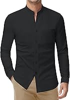 DEMEANOR Men's Stretch Collarless Banded Collar Dress Shirt Long Sleeve Slim Fit Button Down with Chest Pocket