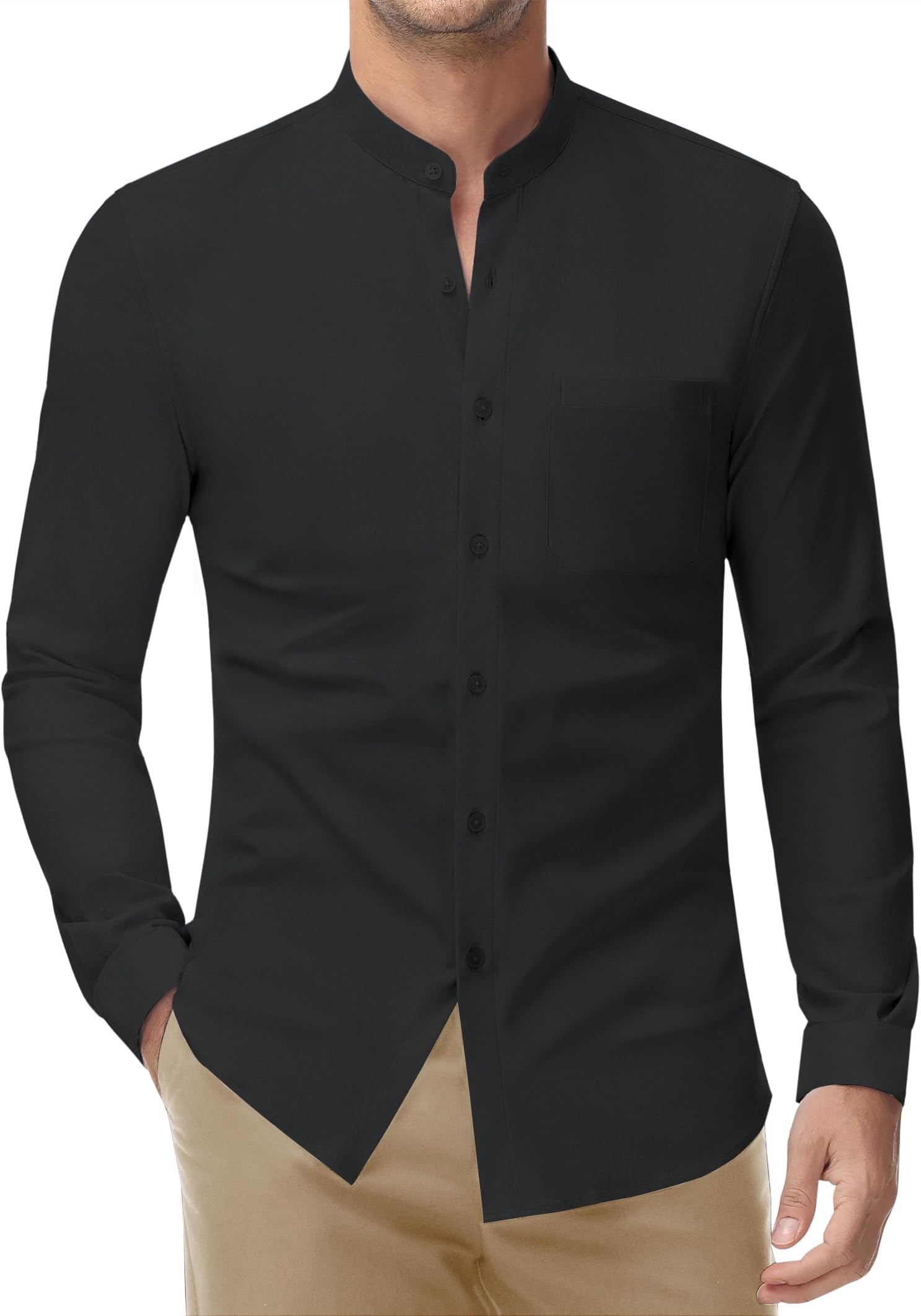 DEMEANOR Men's Long Sleeve Grandad Collar Muscle Fit Casual Band Collar Shirts