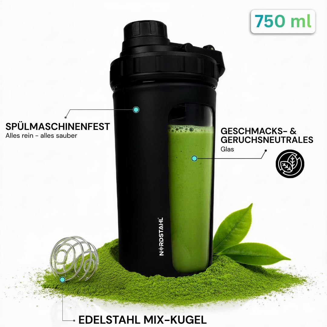 Glas Shaker 750 ml [PREMIUM] | Proteinshaker mit Mischnetz & Skala | BPA-Frei & auslaufsicher | spülmaschinenfest | robustes Spezialglas (Obsidian-Schwarz)