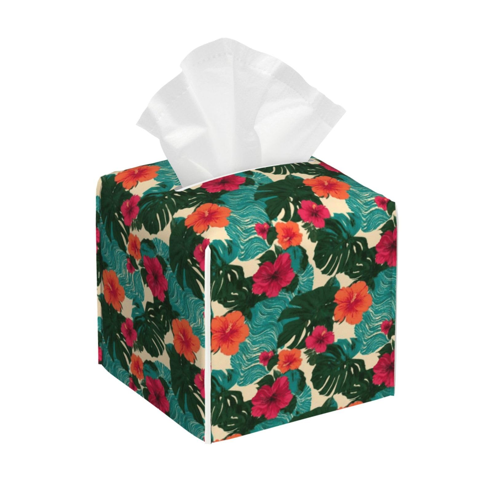 Colorful Tropical Flowers Print Tissue Box Cover Holder Square, Foldable Modern Cube Tissue Box Cover, Leather Decorative Organizer for Tabletop Bathroom Car Office Desk Decor