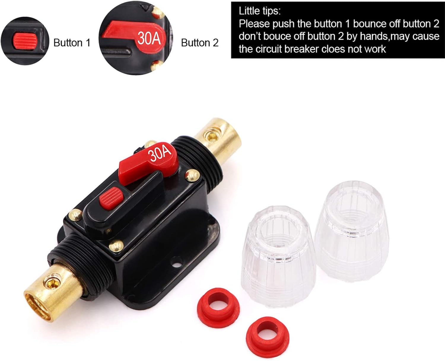 30A Audio Inline Circuit Breaker 12V, High Voltage Stereo Fuse Holder 30amp with Manual Reset for Car Audio RV Home Marine Boat Truck,with Heavy Duty Wire Lugs(4 * 3/8 AWG)