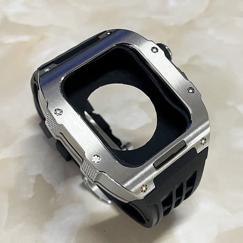 SCHIK Wytrzymała osłona ze stali nierdzewnej, gumowy pasek zastępczy, do zegarka Apple Watch 8, 7, 45 mm, 6, 5, 4, 44 mm, zestaw męski, metalowa ramka, pasek fluorowy, z zapięciem, akcesoria do