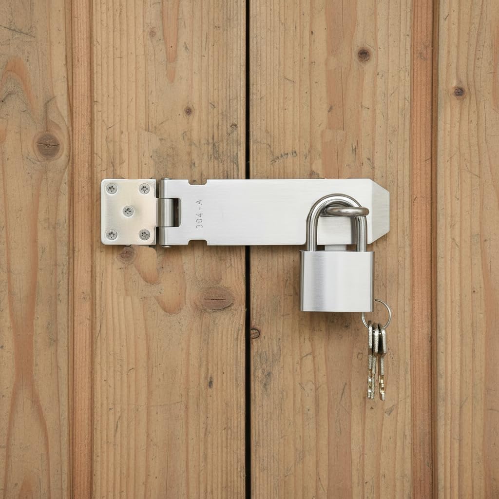 1 Set 5 Inch Padlock Hasp Latch with 1.5" Long Shackle Lock, Stainless Steel Door Lock Latch for Shed, Gate, Cabinet and Closet, Heavy Duty Hasp Lock Latch with Key & Screws