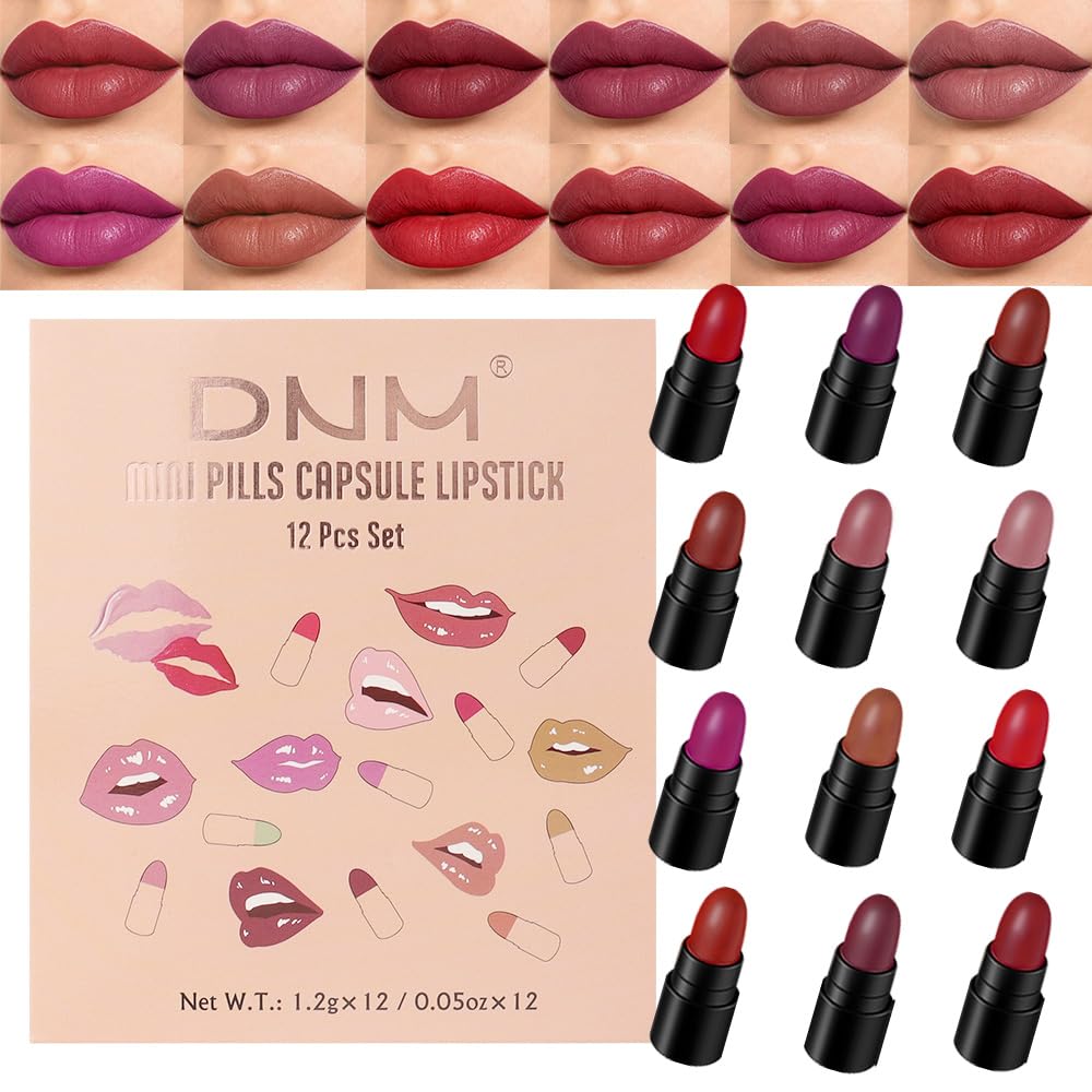 evpct 12Pcs Mini Pills Lipstick Capsule Set for Women Waterproof Long Lasting, Dark Ruby Deep Wine Mauve Red Purple Nude Brown Matte Small Magic Permanent 24 Hour Lipstick Bulk Samples 02 Set02 12 Count (Pack of 1)