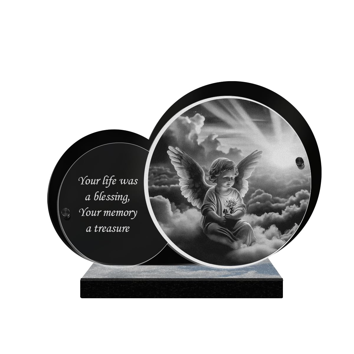 ETERNEL - Personalized Double Circle Memorial Plaque - Cherub, Angel, Angel Wings - Customizable text, laser-engraved memorial plaque for tribute, funeral plaque, ceremony, burial