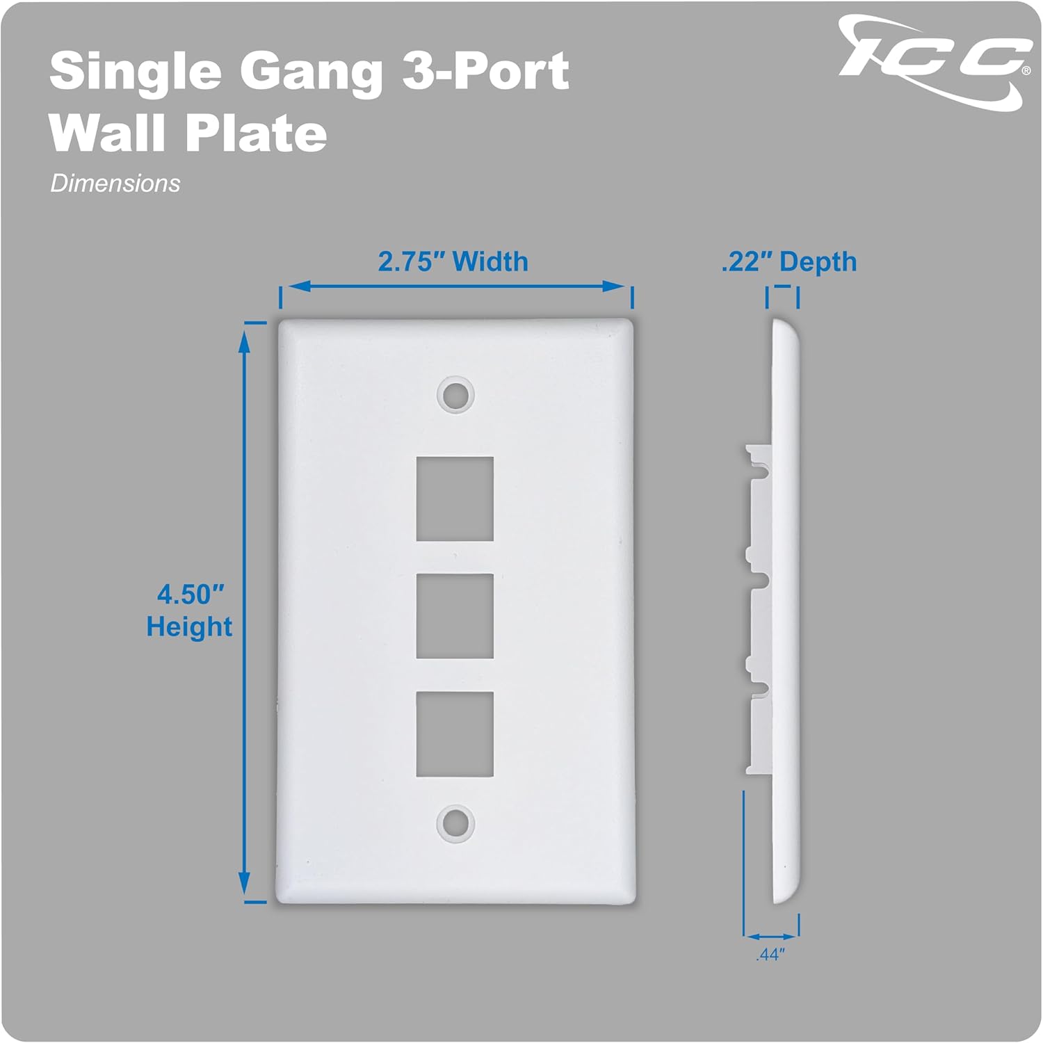 ICC 3-Port Keystone Wall Plate (25 Pack), UL Listed, Durable ABS Plastic, Single Gang Wall Plate for RJ45 Modular Jack and Inserts, White