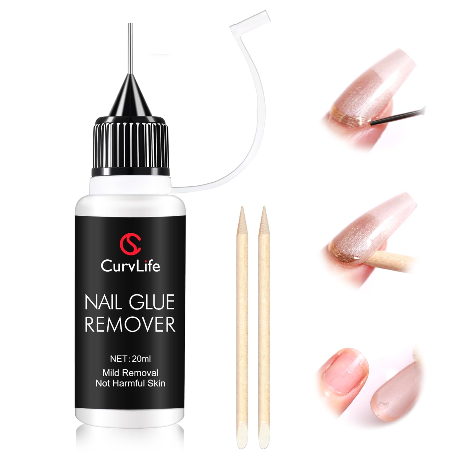 Curvlife 20ml Pinpoint Nail Glue Remover – Non-Acetone, Gentle Formula for Press On & Gel Nail Tips, Works on Glue Gel