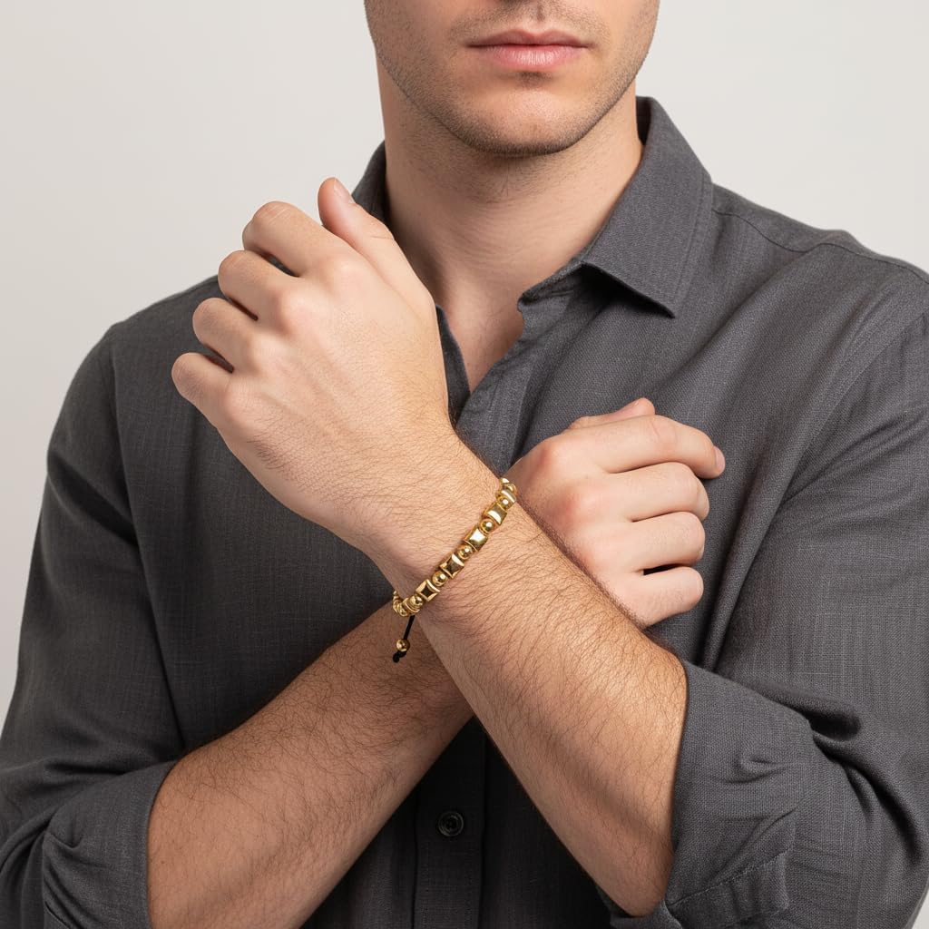 18K Gold Plated Bracelets for Men Stainless Steel Tiger Eye Silicone Beads Boho Mens Bracelet Adjustable Braided Bracelet Jewelry Gifts for Women - Image 3