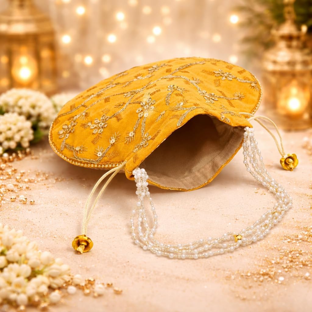 Potli Bag for Wedding, Embroidered Potli Purse with Pearl Handle, Ethnic Drawstring Pouch, Traditional Indian potli Bag