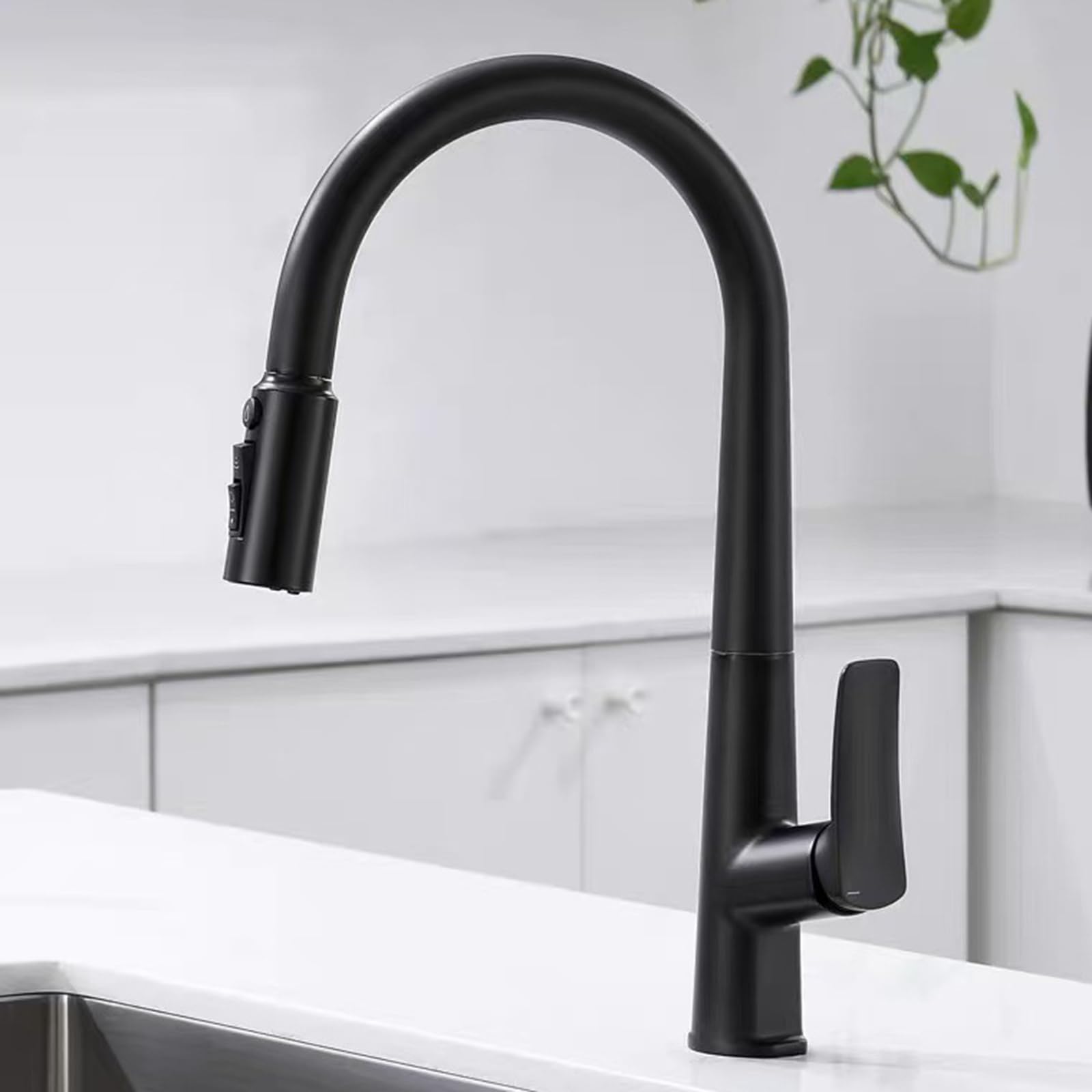 ZYCHSJXA 3 Way Kitchen Tap Pull Out Sink Taps Swivel 4 Mode Brass-Black