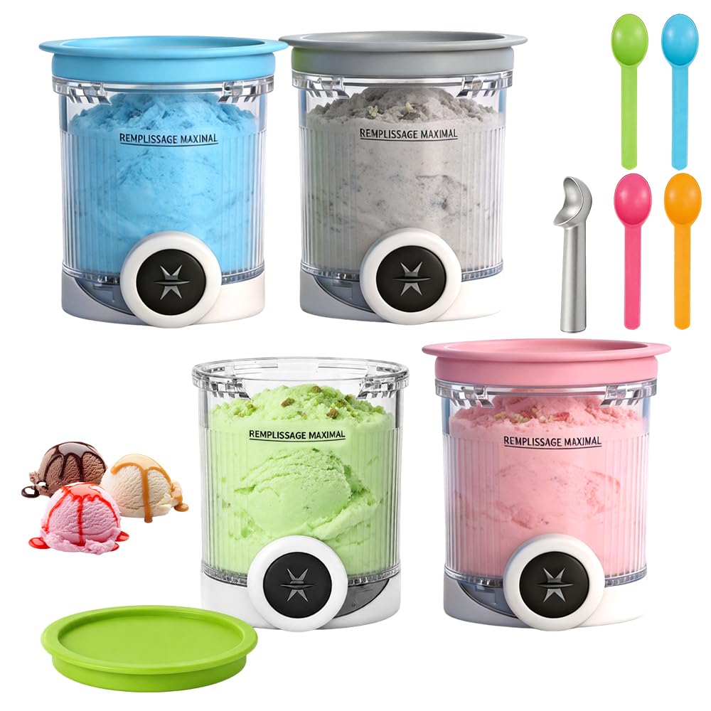 4 Stück Eisbehälter mit Deckel Passend für Ninja Swirl, Ersatz-Pints Eiscreme-Behälter für Ninja CREAMi NC700 NC701 Modelle, BPA-frei & Spülmaschinenfest, Zubehör für Eismaschine mit Löffel