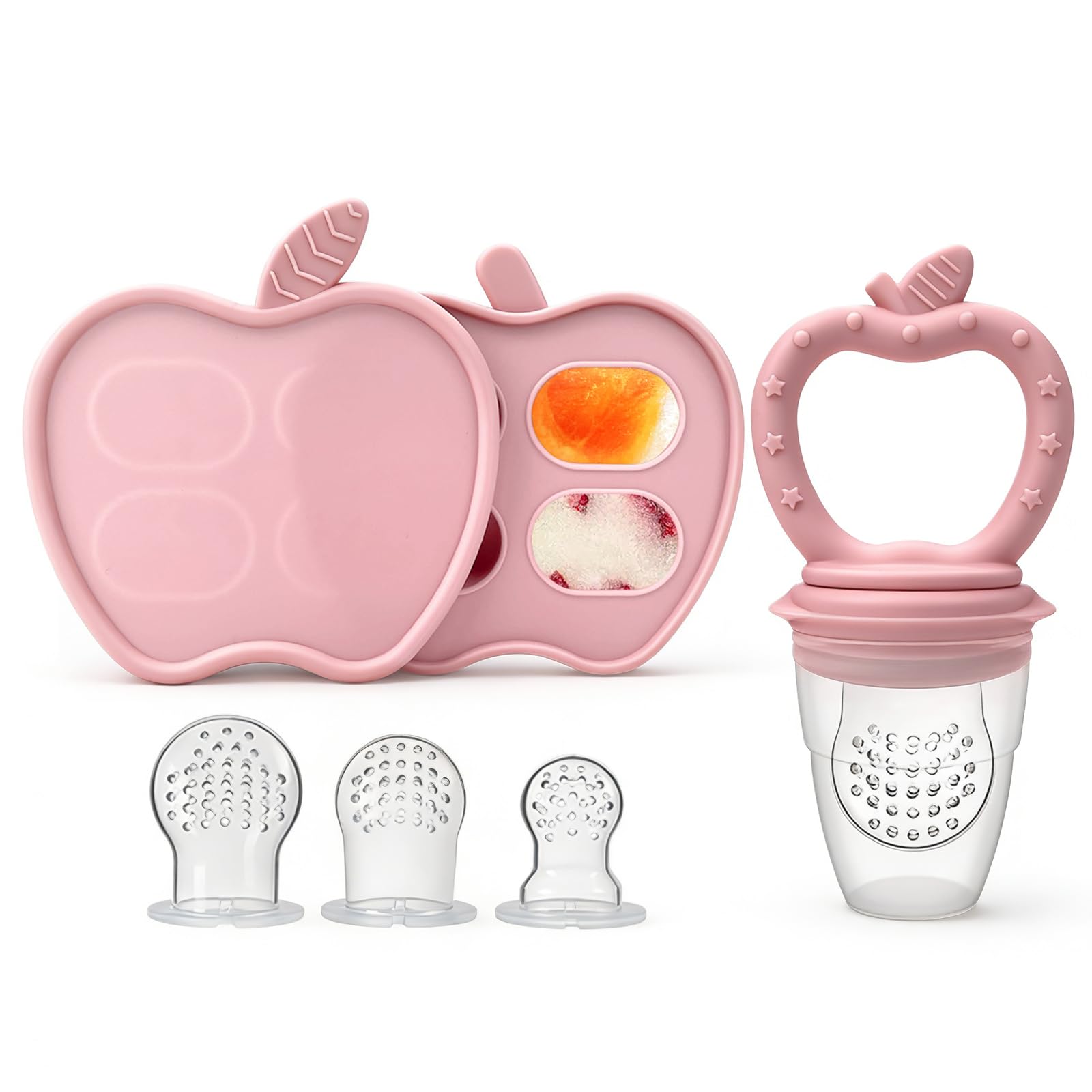 Fruchtsauger Baby, Silikon Obstschnuller (mit Eiswürfelform), für Obst Gemüse Brei Beikost, Babybrei Einfrieren Behälter für Babynahrung Muttermilch, Beißring Zahnungshilfe, BPA-Frei (Rosa)
