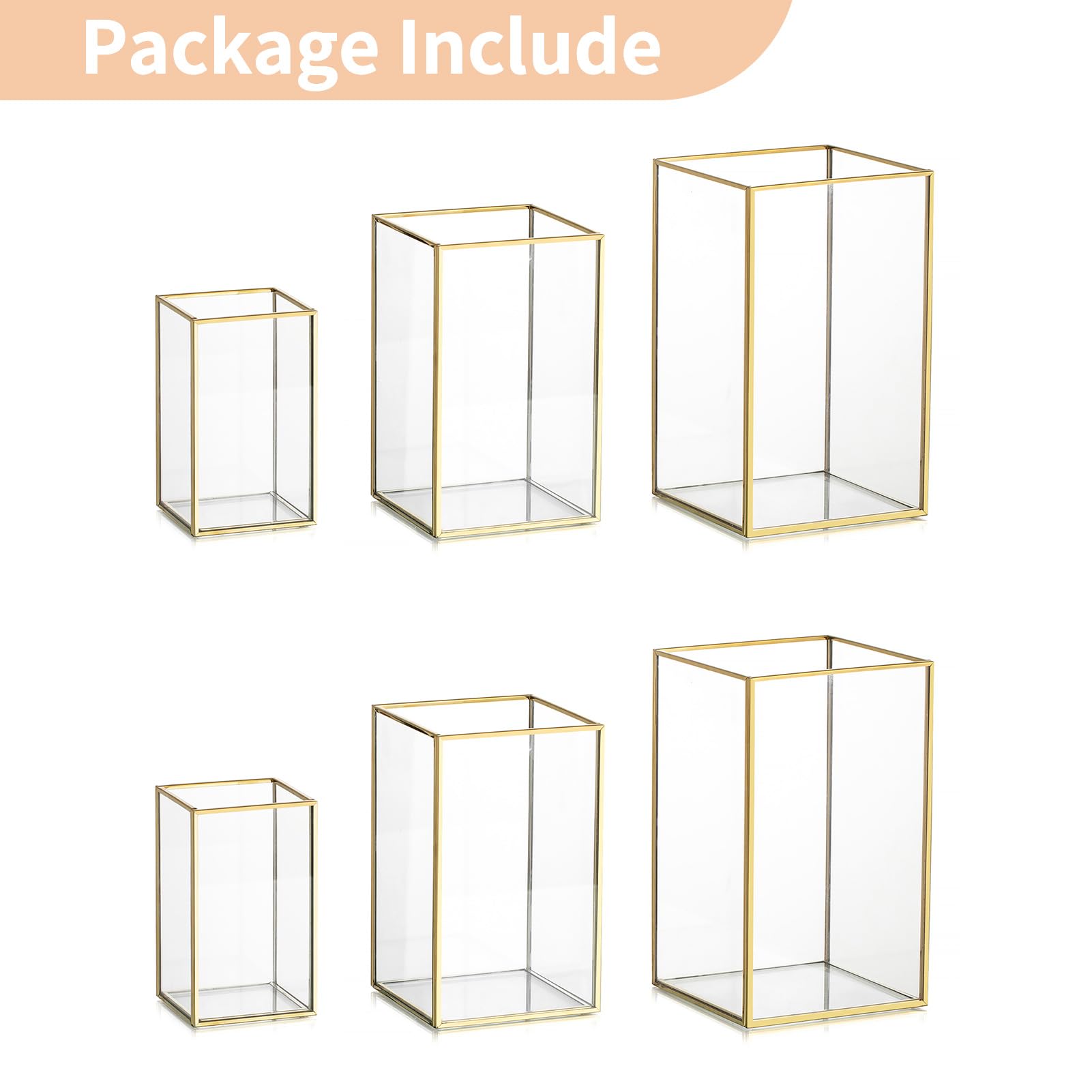 NUPTIO Lanterne Or en Verre Trempé Cheminée 6 Pièces pour Bougies Set Extérieur Carré Décoratif pour Mariage Noël Halloween Ornements Salon Tabletop Cheminée