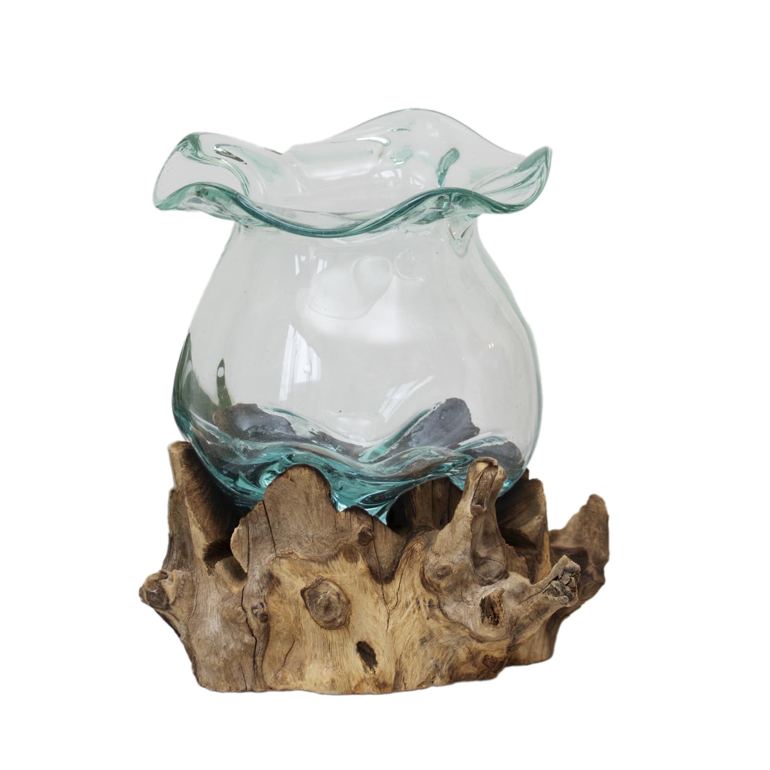 Hand Blown Molten Glass Bowl with Teak Root Base, Aqua Crinkle Vase, Recycled Glass Rustic Wood Centrepiece, 24x19x24cm