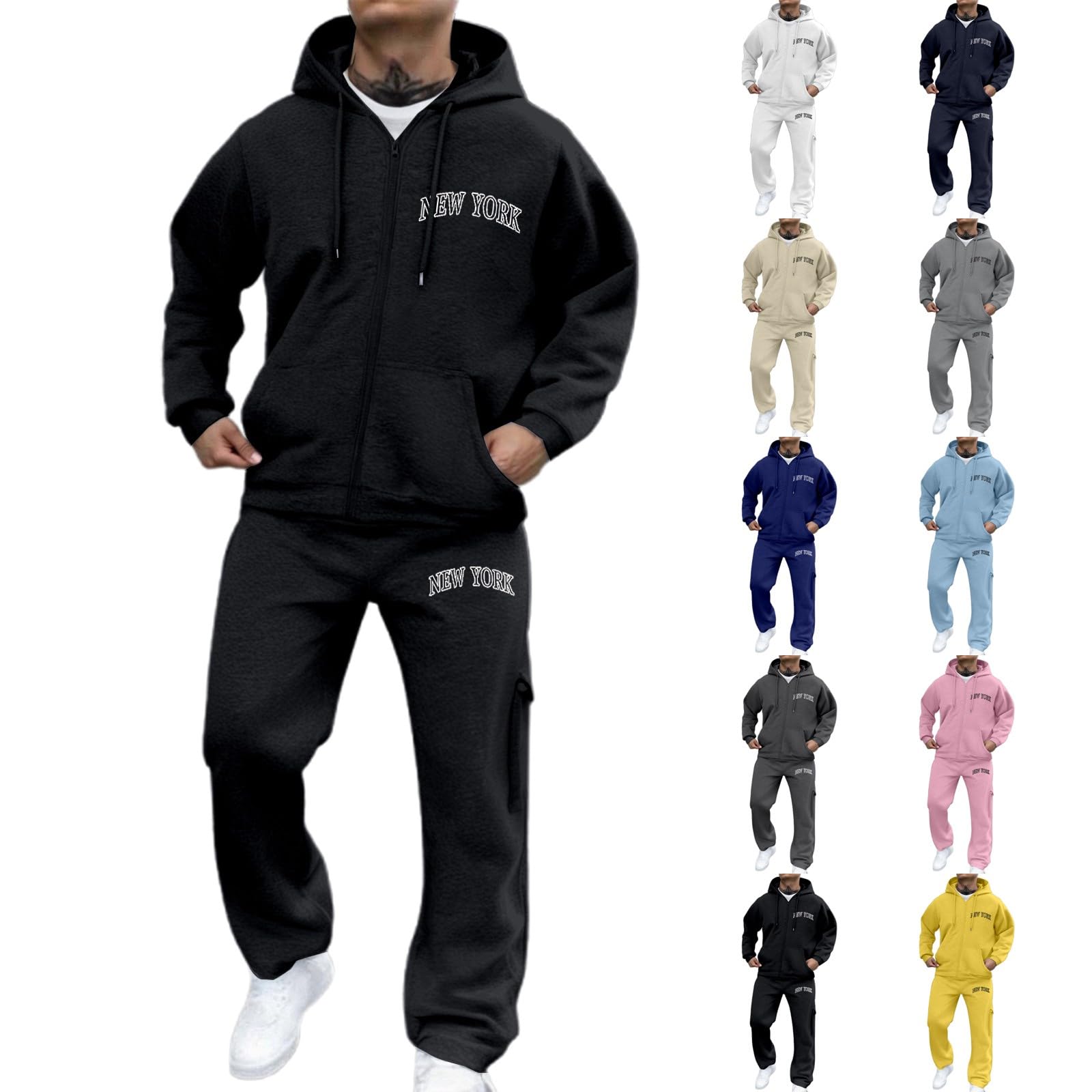 Generisch Męski dres do joggingu, ze ściągaczem, zamek błyskawiczny, jednokolorowy, dres treningowy, strój rekreacyjny, przewiewna bawełna, ciepła bawełna Y2K, kieszenie, kaptur, zestaw sportowy