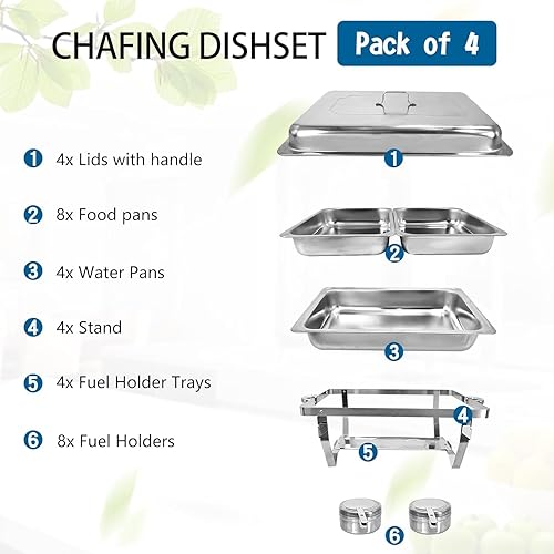 Miniatura 5 de Juego de 4 platos de buffet de acero inoxidable de 8 cuartos de galón y calentadores de alimentos con cubiertas para bufés de fiestas