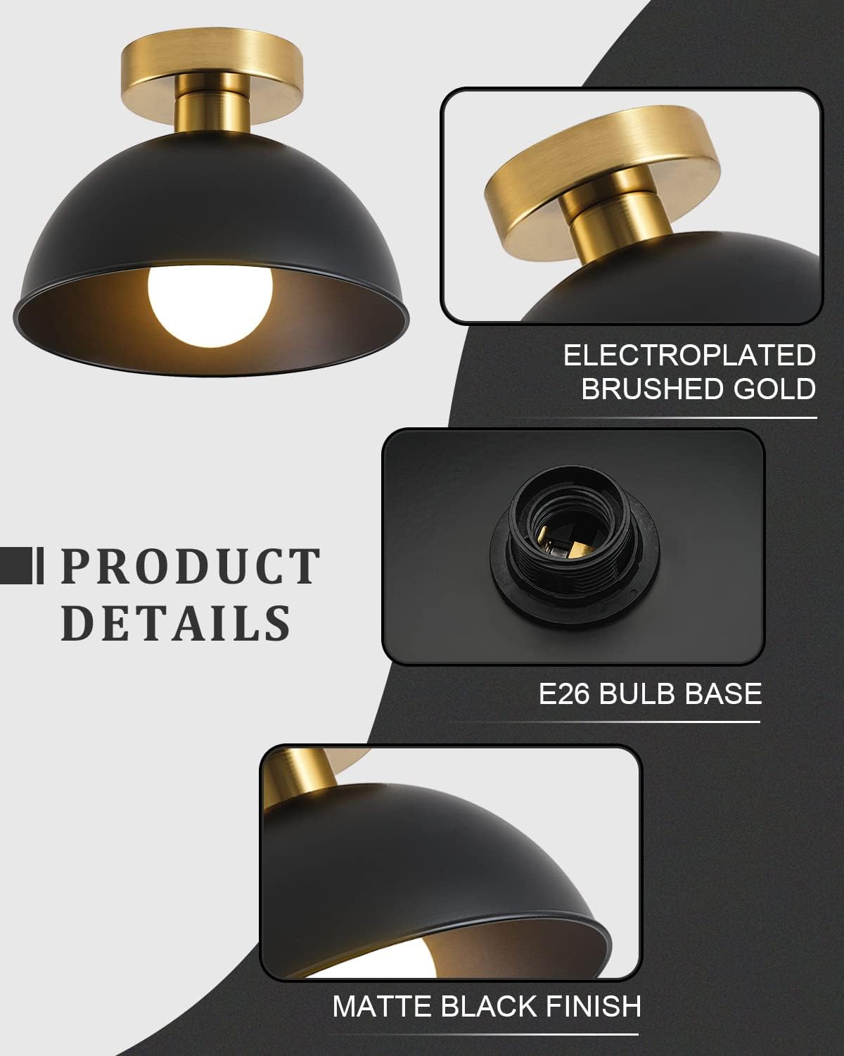 Industrial Semi Flush Mount Ceiling Light with Gold Plate and Matte Black Shade, Farmhouse Ceiling Light Fixture for Kitchen Island Dining Room Foyer Hallway Porch Barn Loft，10in (Black)