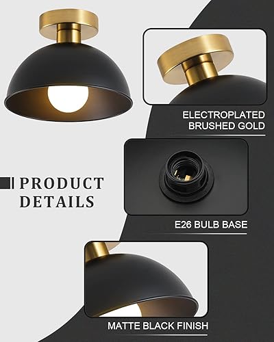 Miniatura 3 de Paquete de 2 lámparas de techo semiempotradas con placa dorada y pantalla negra mate, lámpara de techo de granja para cocina, isla, vestíbulo,