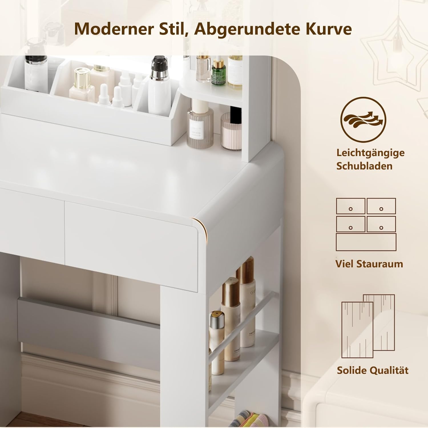 Vanity, Small Vanity Desk with Mirror and Lights, Side Shelf Storage Space, Compact Girls Dressing Table in Bedroom, Modern Round Curved Design, White