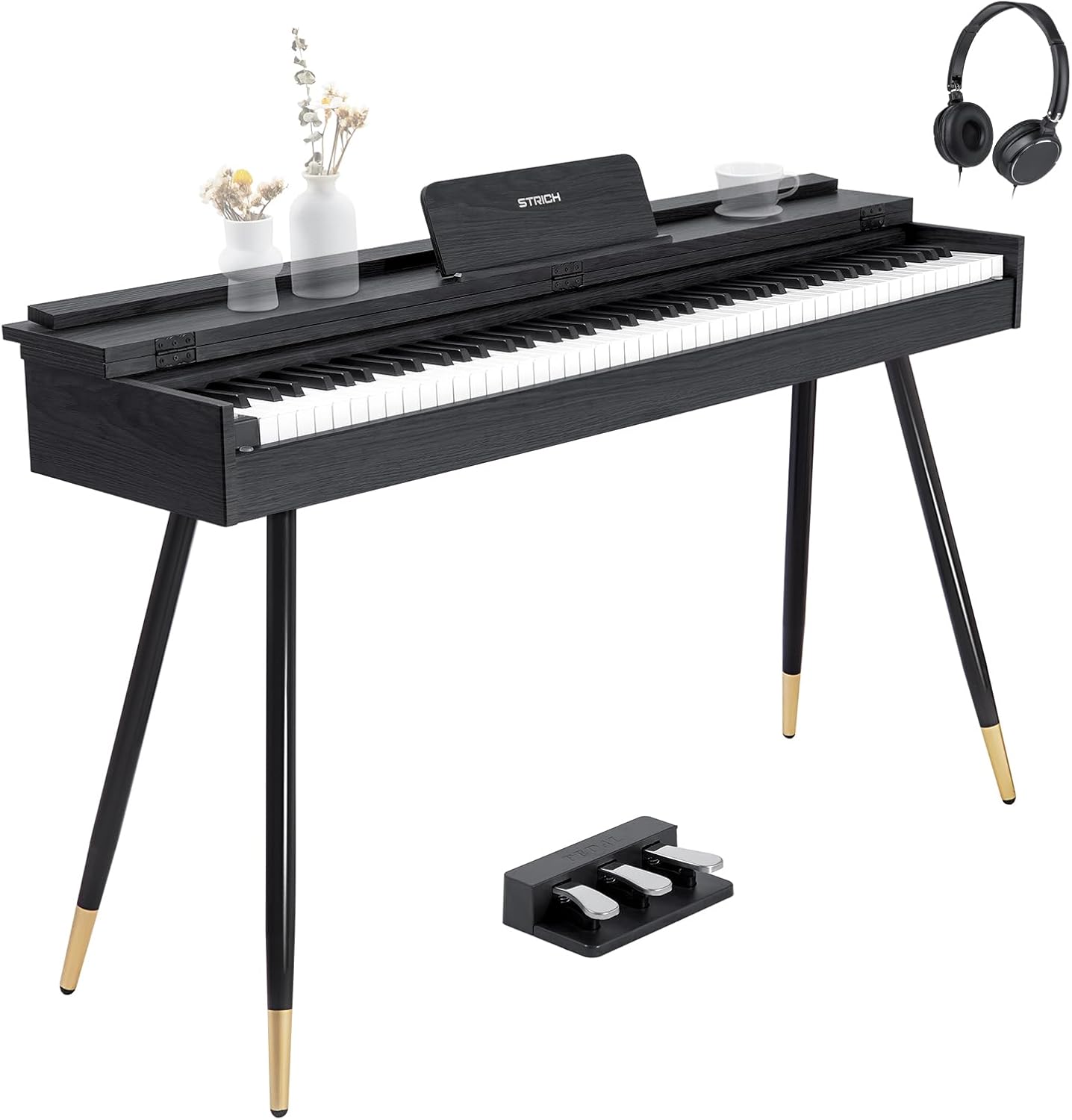 STRICH 88 Key Digital Piano, Hammer-Action Weighted Keyboard, Full Size Desk Cover Electric Piano Keyboard with Stand, 25Wx2 Speakers, Headphones, Three Pedal, SDP-350S(Color Black)