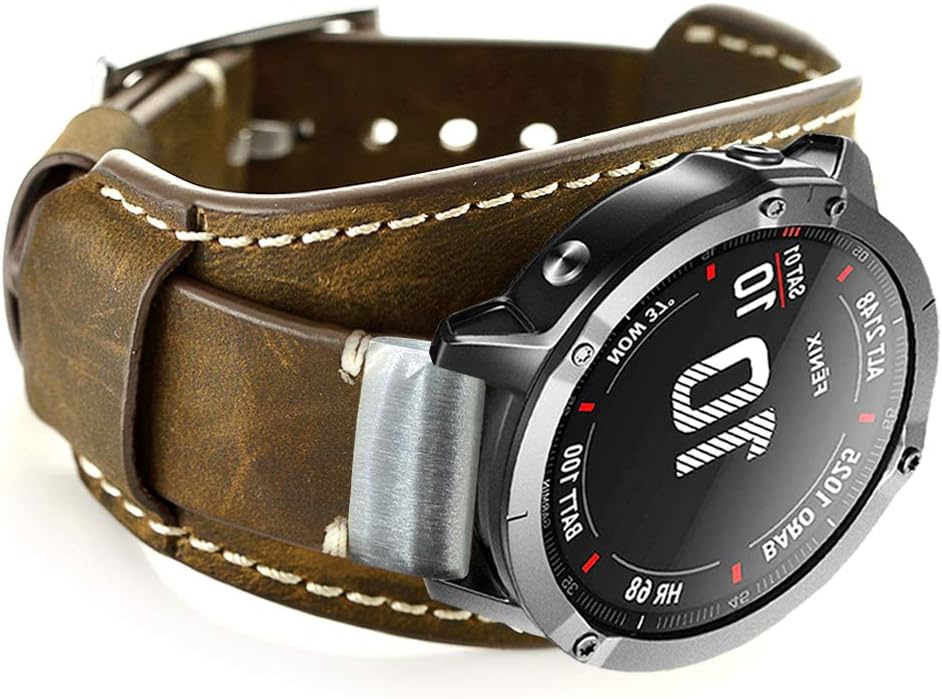 Leather Bands Compatible with Garmin Fenix 5/Fenix 5 Plus/Fenix 6/Fenix 6 Pro/Forerunner 935/945/Approach S60/Quatix 5 Smartwatch,22mm Quick Fit Genuine Leather Cuff Band Repalcement Strap