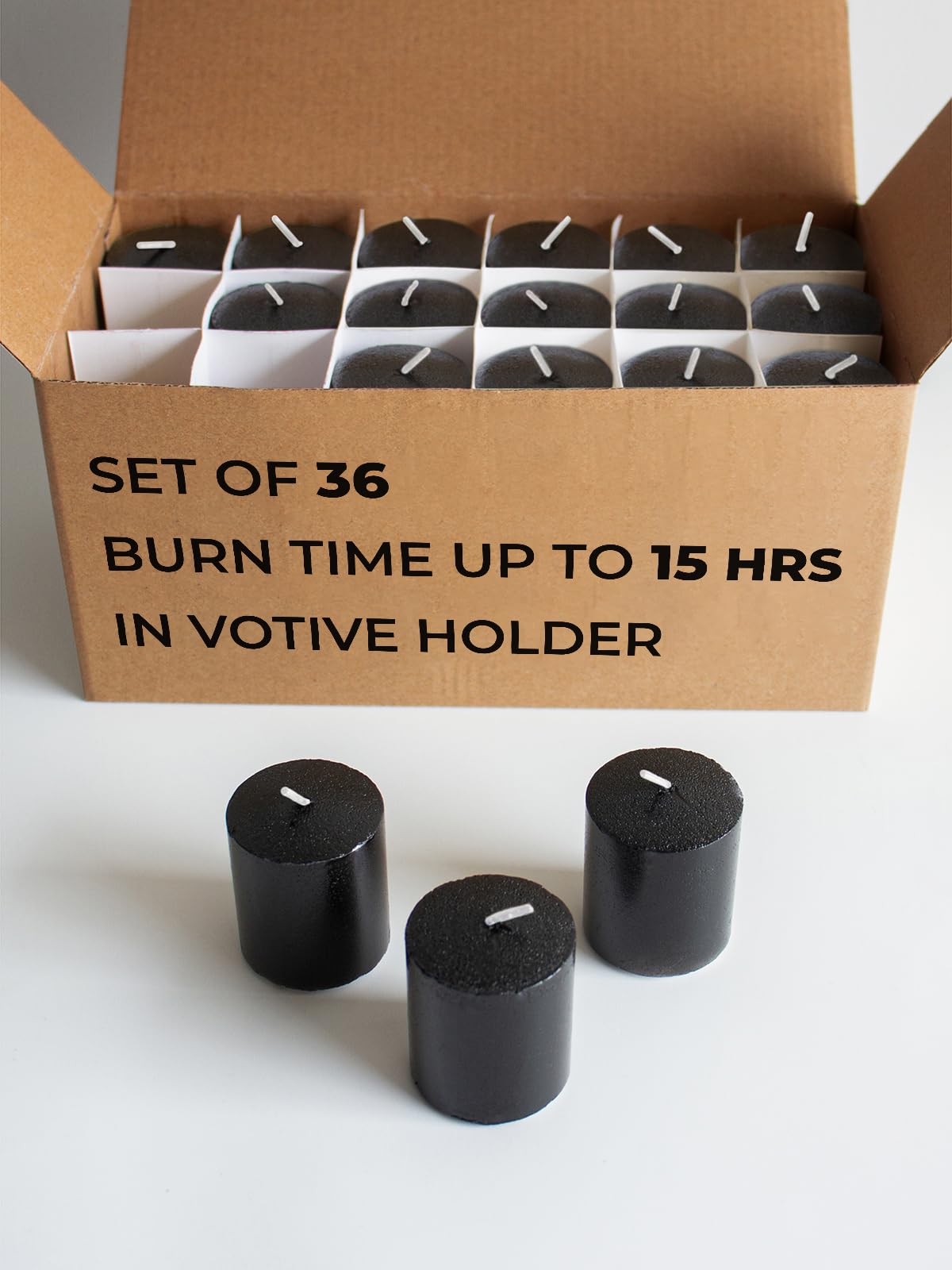Black Votive Candles Set of 36 Unscented Smokeless 15 Hour in Votive Holder
