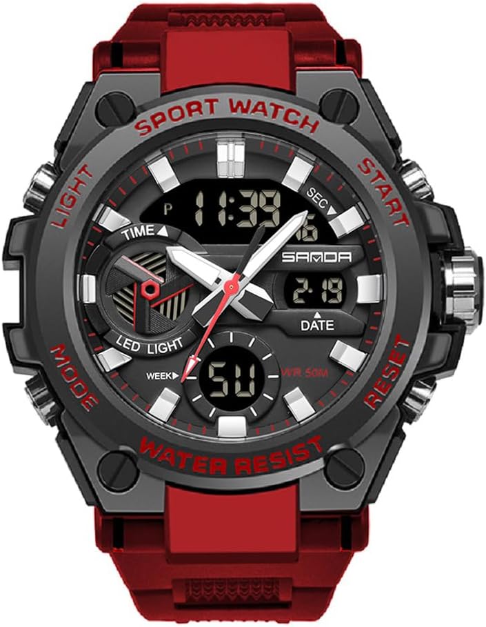 KXAITO Men's Watches Sports Outdoor Waterproof Military Watch Date Multi Function Tactics LED Face Alarm Stopwatch for Men (3311 Red), 3311 Red, Large