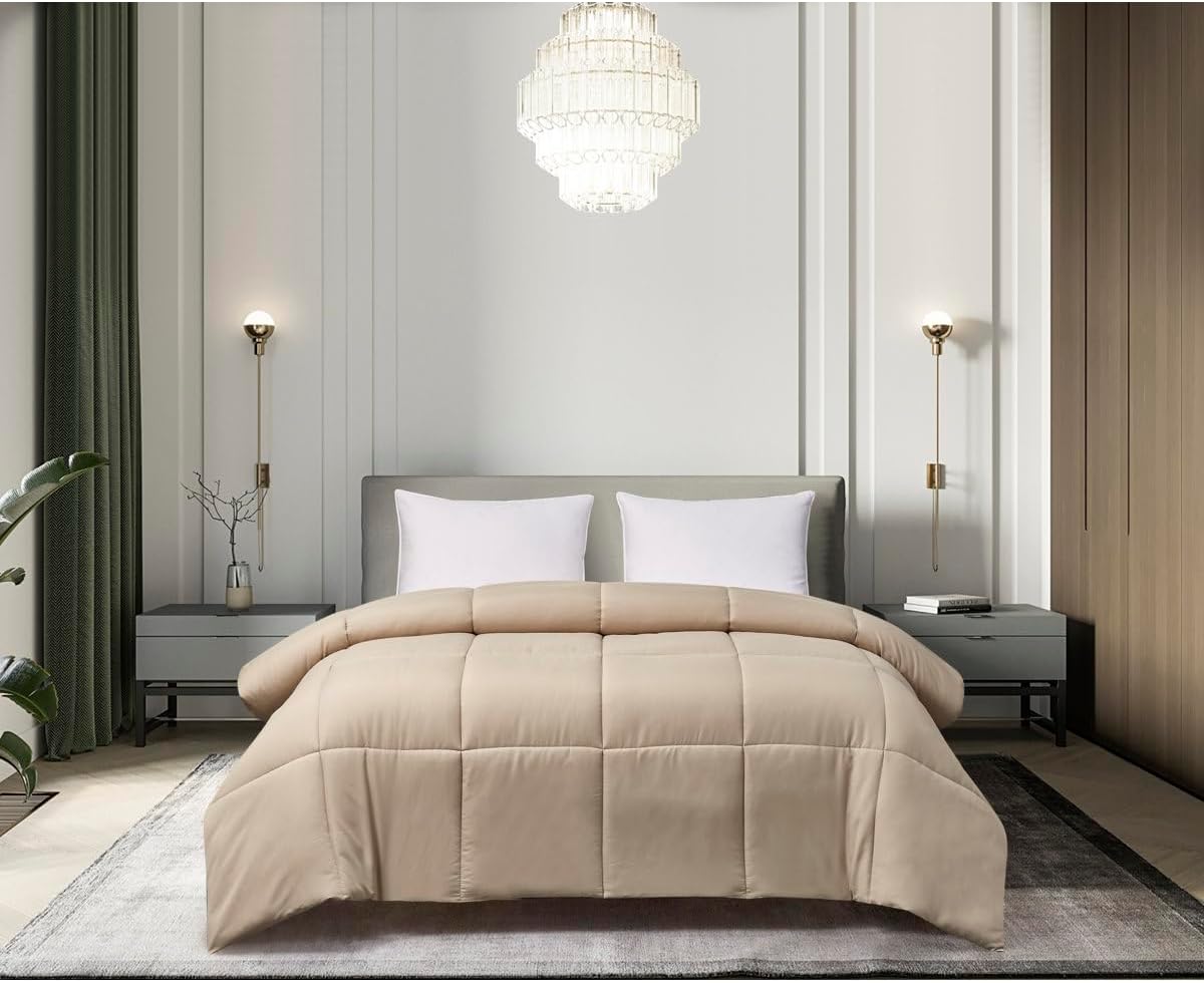 Pretty Khaki Color Box Stitched Pattern Down Alternative Comforter Single Piece | Elegant Modern Fluffy Solid Color Fall Bedding Polyester Fill | Soft Comfortable Bedding Comforter Full/Queen Size