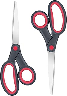 Saxhorn Left Handed Scissors, 8 Inch, Lefty Sharp Blade Soft Comfort-Grip Handles Blunt Scissors for Children Adults Kids Student, Red/Black (2 Pack)