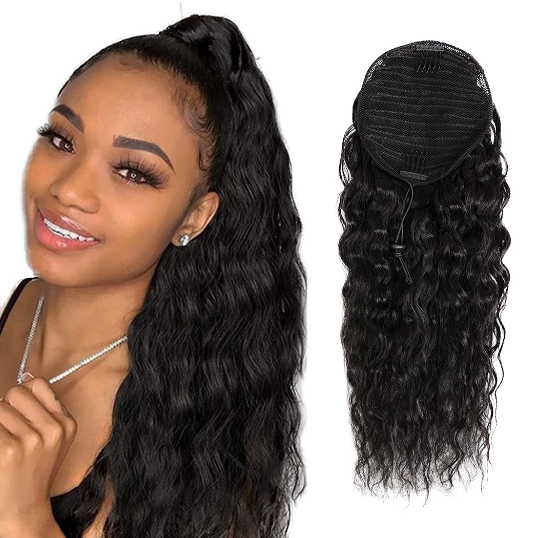 Human Hair Ponytail Extensions Corn Wave Wrap Drawstring 1 Piece, 100% Unprocessed 10A Grade Wavy Pony Tail for Women, Brazilian Water Wavy Hair Natural Color (24", Wrap Drawstring)