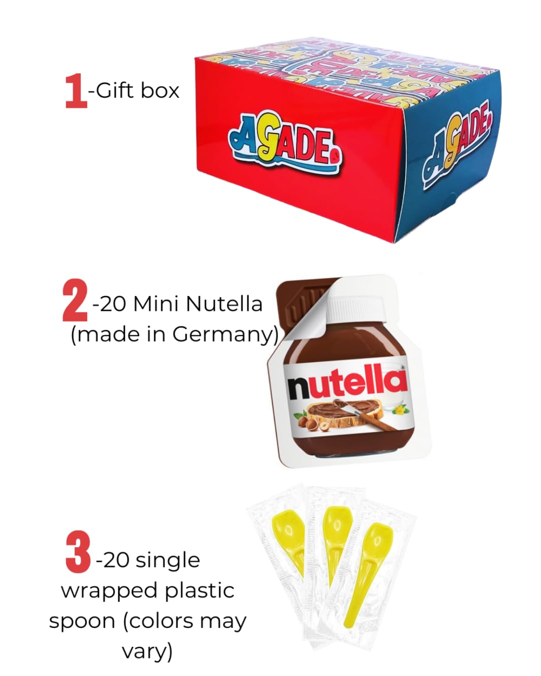 AGADE MiniNutella Mini Cups– 20 Single Serve Snack Packs (0.52 oz Each) + 20 Individually Wrapped Spoon - Valentines Chocolate Treats, Coworker Gift Ideas, Snacks, Back to School. with , Made in Germany