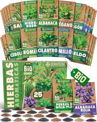 ZenGreens® - Set de semillas de hierbas aromáticas eco - 25 variedades para cultivar fácilmente en el jardín, balcón o parterre elevado - Sementes verduras