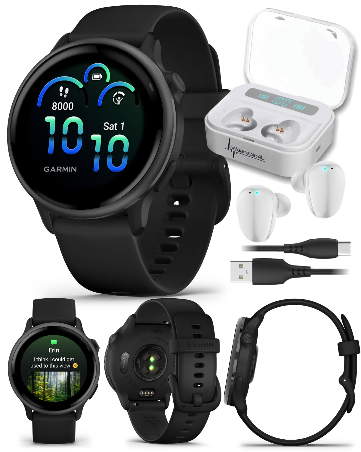 Wearable4U Garmin Vivoactive 6 - Health & Fitness Smartwatch, 1.2 in Bright AMOLED Display, GPS Sports Tracking, Up to 11 Days of Battery, Slate with Black Band w White Earbuds Bundle