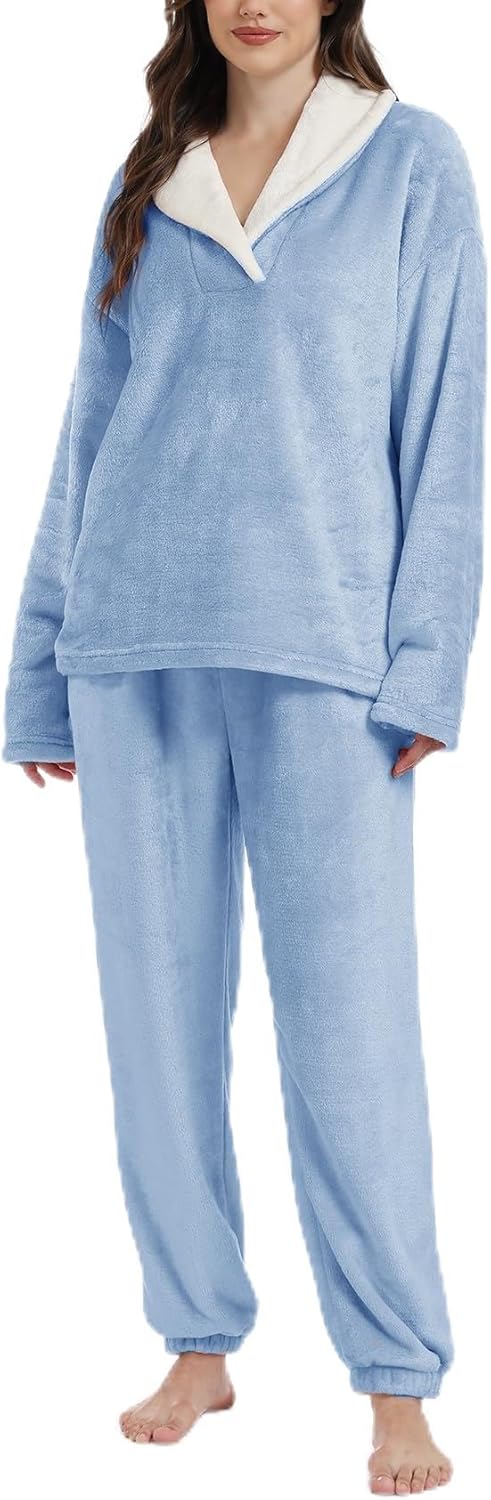 Gihuo Womens Flannel Pajama Sets Fluffy Sleepwear Fuzzy 2 Piece Pjs Set Fleece Plush Lounge Set