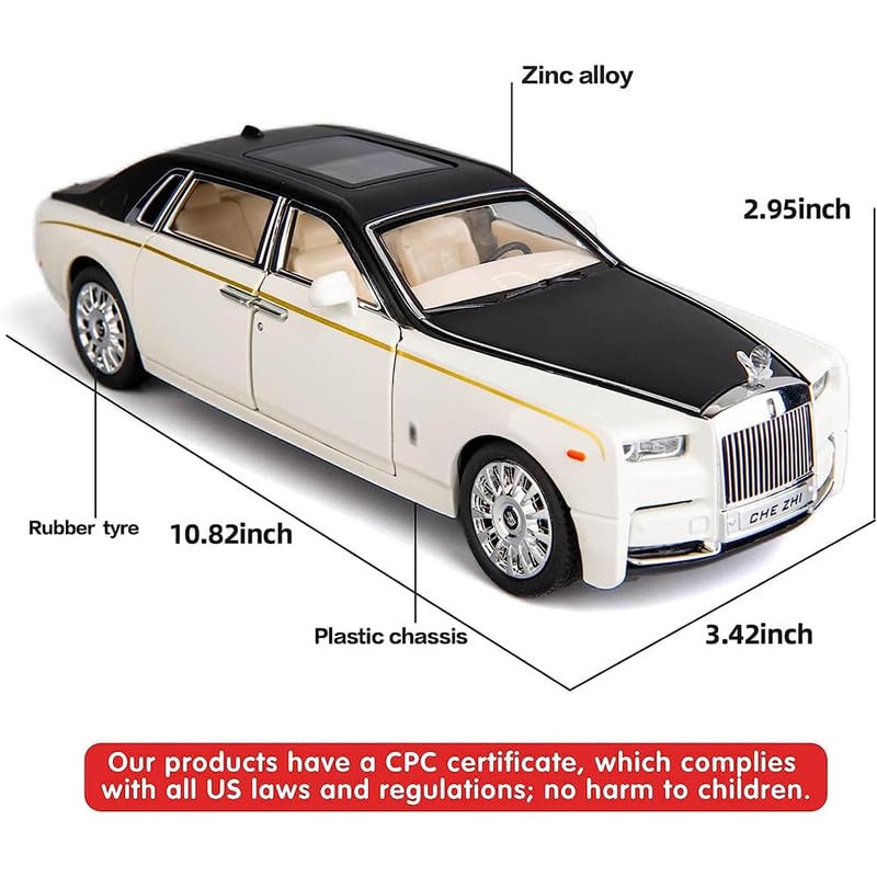 Image of Kids Model 1:24 Rolls-Royce Phantom Die Cast Metal Car Pull Back Action Opening Doors with Realistic Engine Sound Lights Toy Car Gift for Boys - White