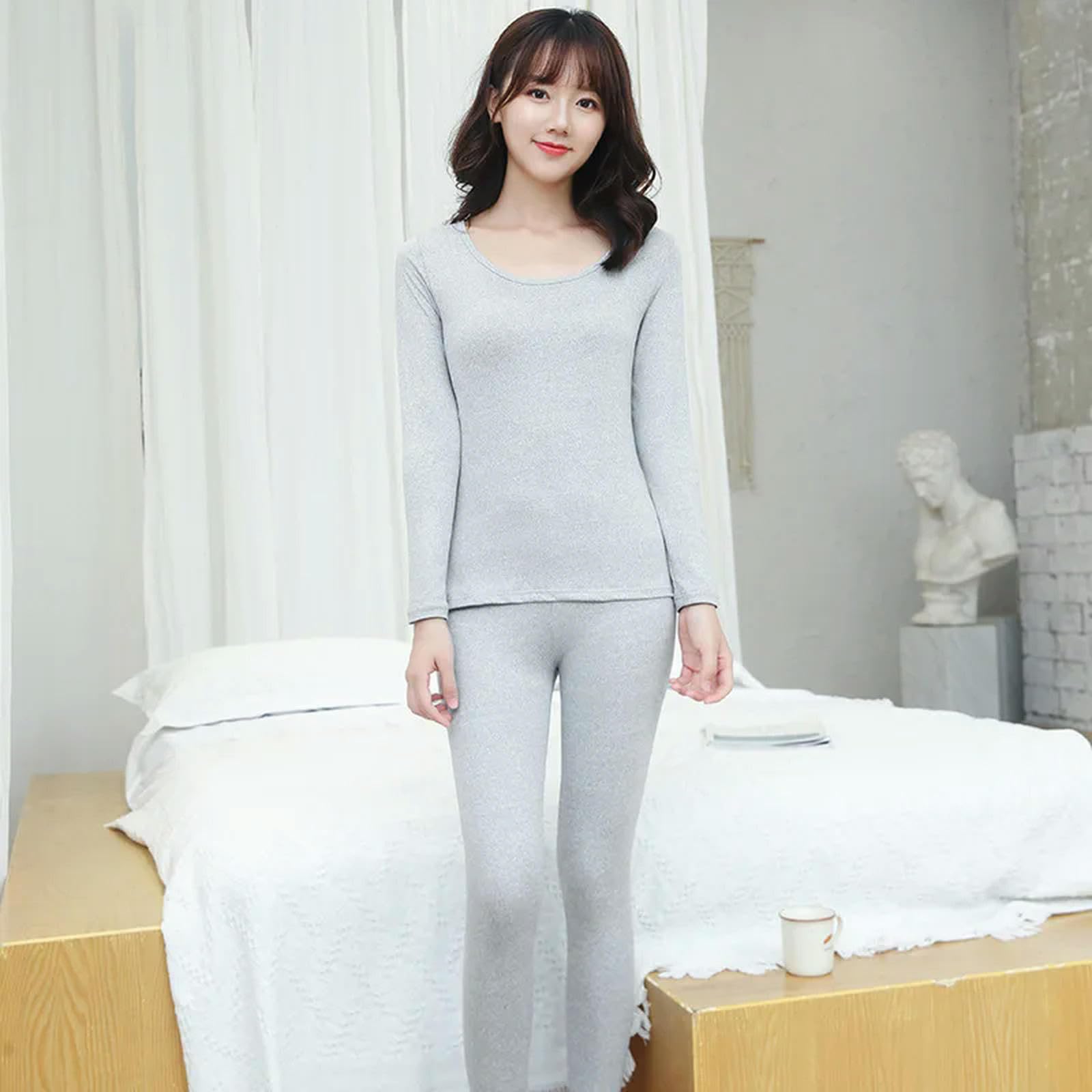 MdybF Conjuntos Térmicos para Mujer Juego De Ropa Interior Térmica para Mujeres Long Johns Capa Base Forrada Top Top Inport 2 Piezas Conjunto-Gris-L