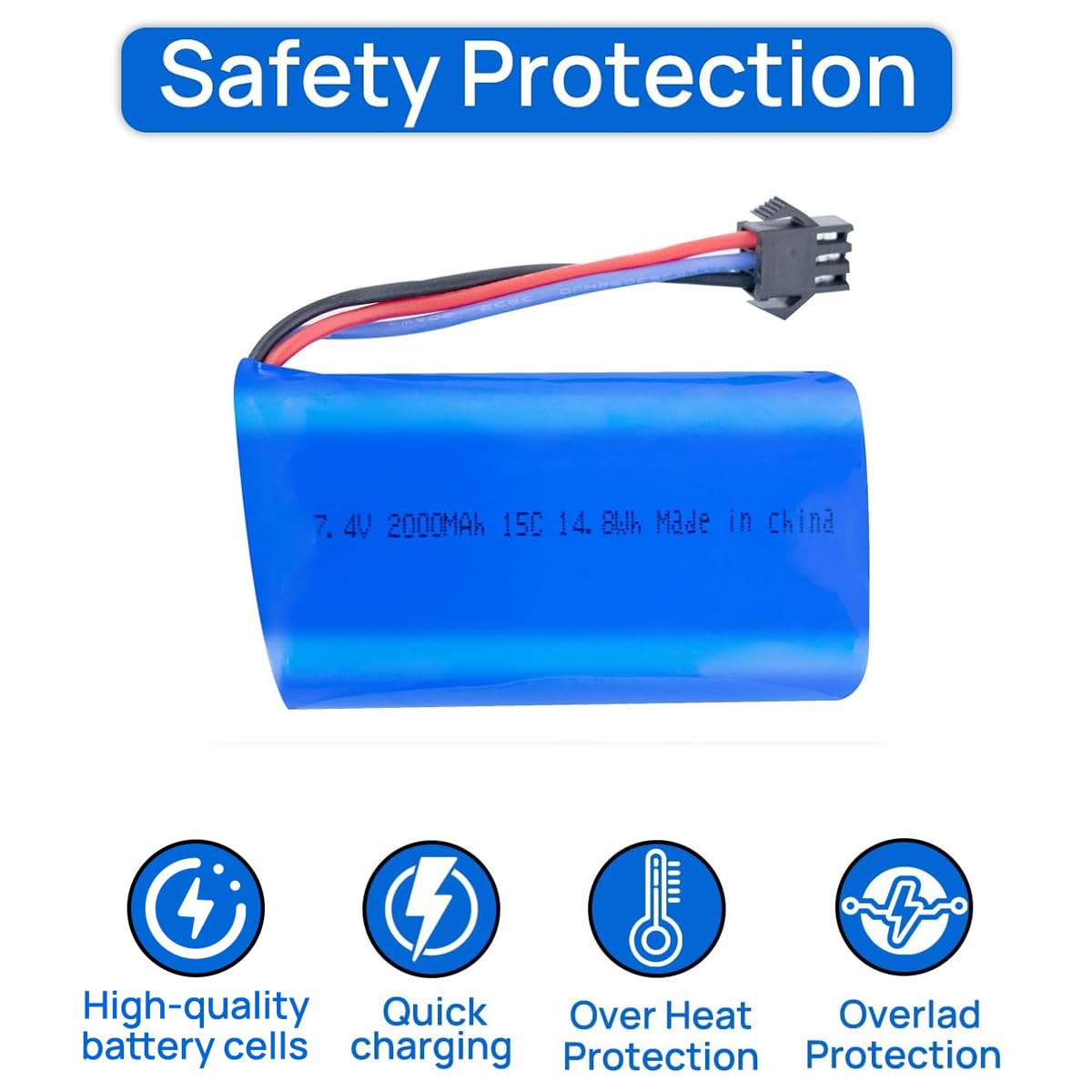 Lot de 2 batteries haute performance 7,4 V 2000 mAh 15C 2S avec connecteur SM-3P avec 2 chargeurs USB pour voitures télécommandées, camions RC et bateaux RC