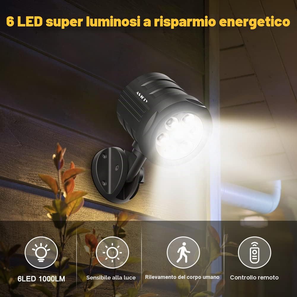 Luci di sicurezza per esterni con sensore di movimento, faretti PIR da 6 LED 1000 lumen senza fili con telecomando, faro anti-intrusione IP65 impermeabile da 6000K per garage, cortile