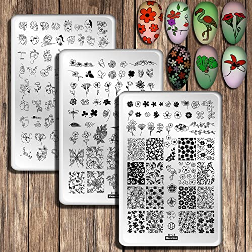 Nagel Schablone Stempel Für Nägel, 3 Stück Xl Nail Stamping Plate, Blumen Abstraktes Gesicht Flamingo Muster Nagel Stamping Schablonen, Nagelspitzen Stempel Nagel Nagelschablonen Set Frauen Mädchen Cover