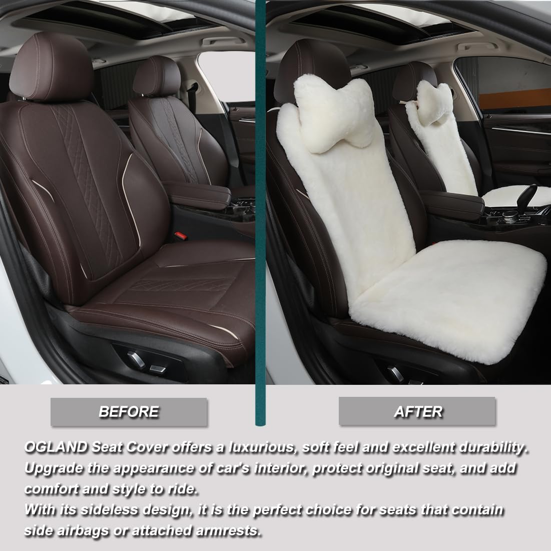 OGLAND 2 Pack Fluffy Fuzzy Fur Sheepskin Car Seat Covers for Universal Auto Plush Seat Cushion Accessories (White)