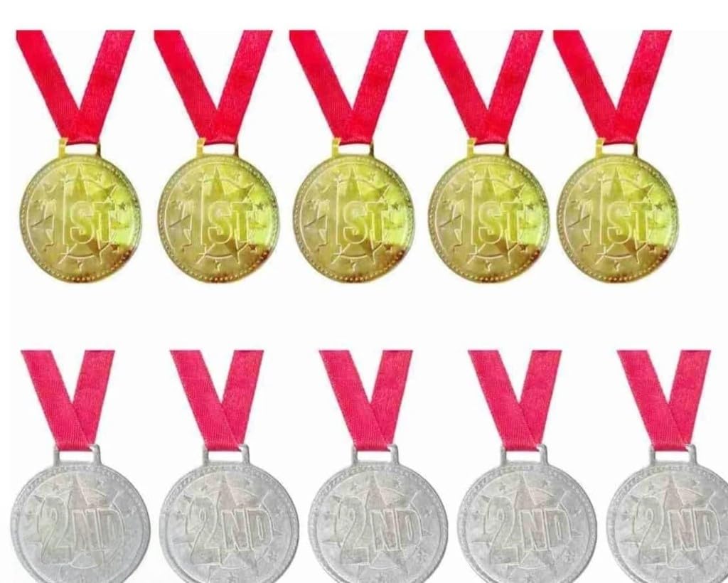 Swastik Enterprises 2 Inches Sports Medal (5 Gold +5 Silver Medal) Combo for School Winner, Sports Champion with Tiranga Ribbon (Set of 10)-picture-37