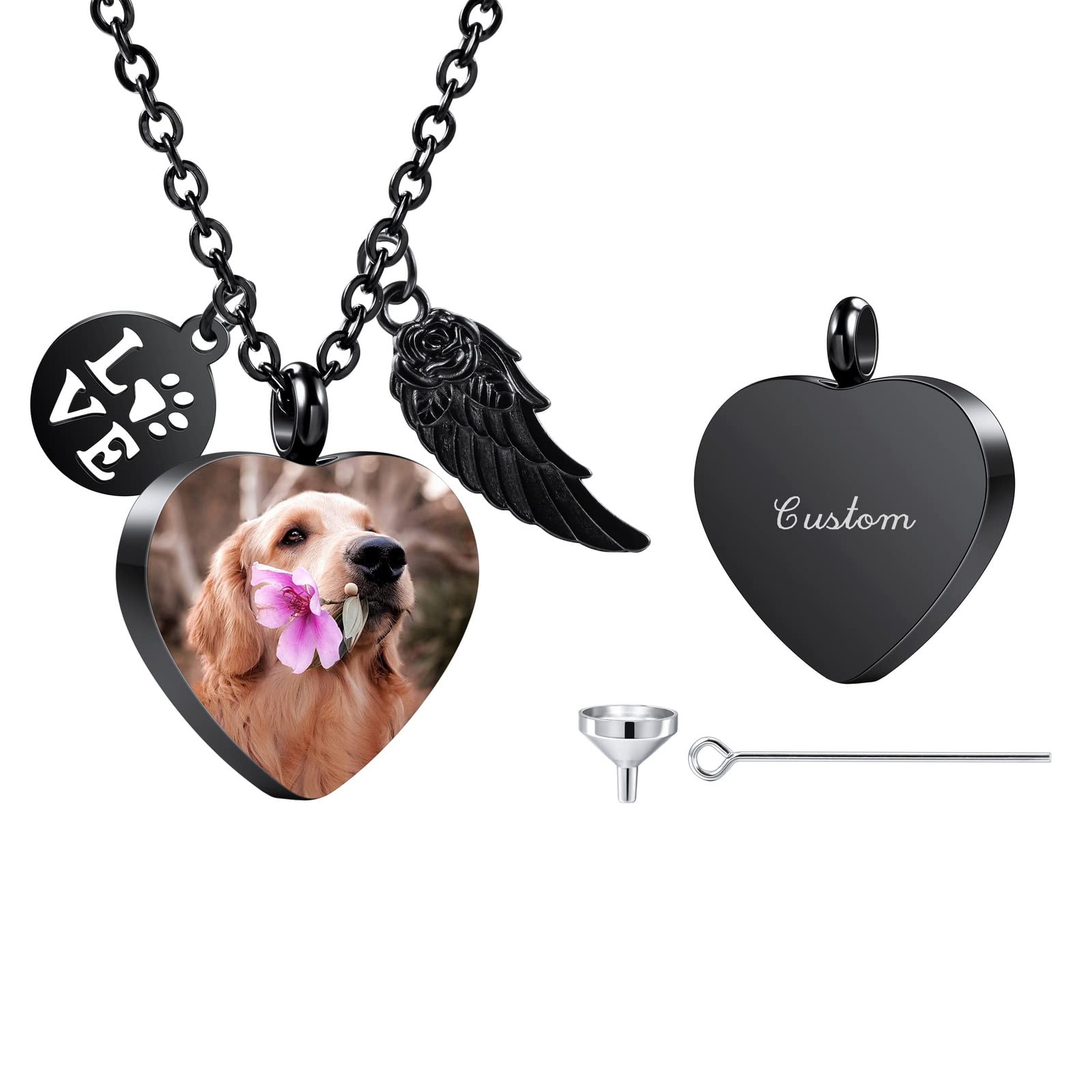 INBLUECollar Urna Personalizado para Cenizas, Corazón de Acero Inoxidable Colgante, Grabado Foto Perro Gato Nombre, Cremación Joyería Mujeres Hombres con Juego de Embudo, Alas de Ángel